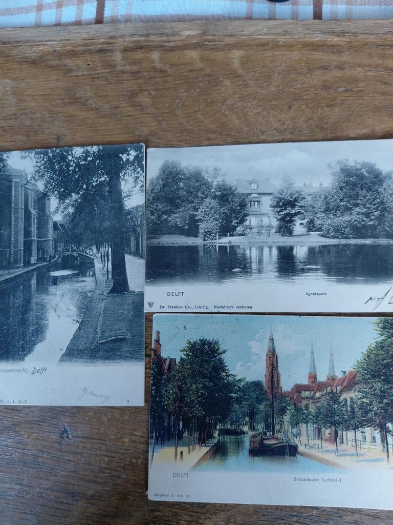5_j. 3 oude kaarten Delft. Stempel 1905, Ophalen of Verzenden, Voor 1920, Zuid-Holland