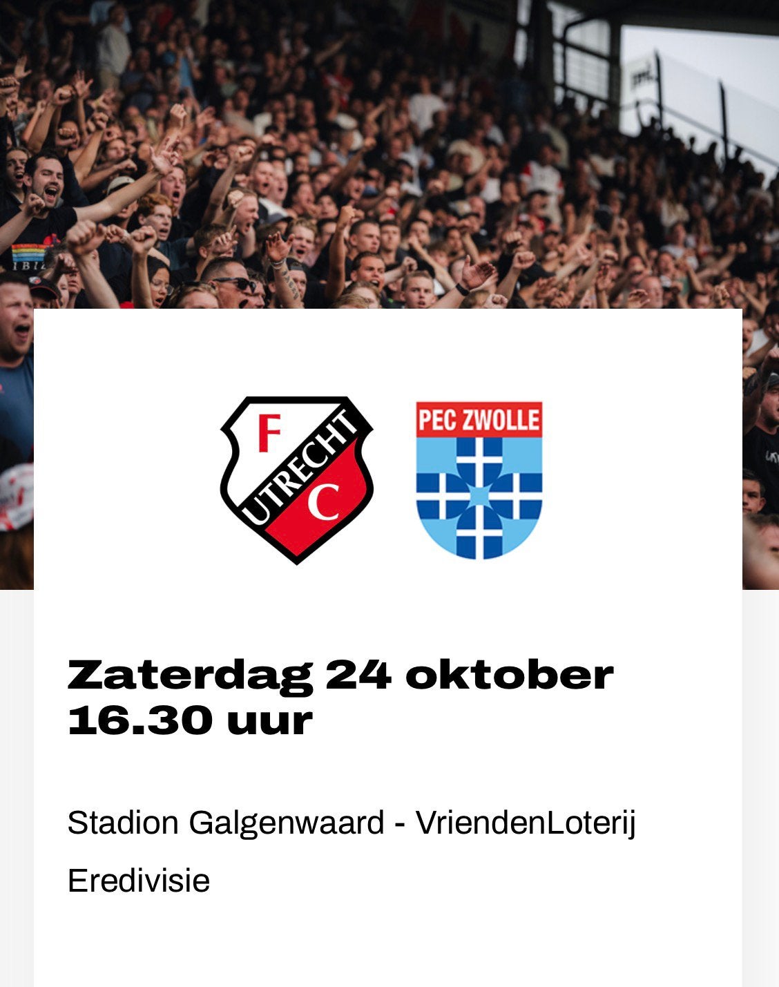 2 tickets Fc Utrecht - Pec Zwolle, Twee personen
