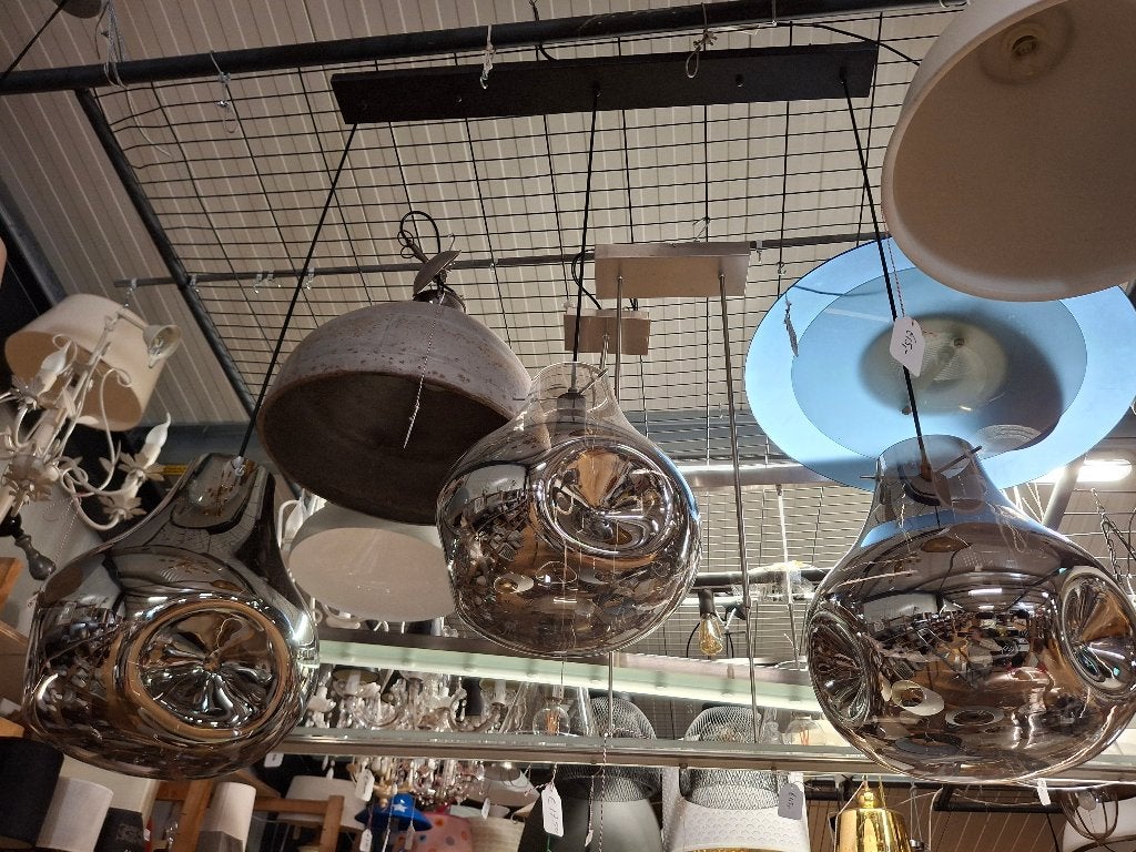 Moderne hanglamp met spiegelend glas, Gebruikt, Glas, Modern, Design, Industrieel, E27 (groot)