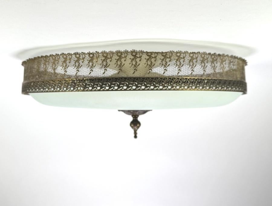 1222. Messing plafondlamp met opaalglas, midden 20e eeuw, Ophalen of Verzenden