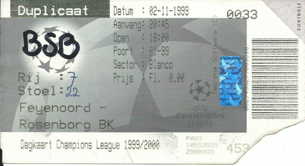 1999-2000 entreebewijs  02-11-1999 Feyenoord Rosenborg BK, Verzenden, Zo goed als nieuw, Feyenoord