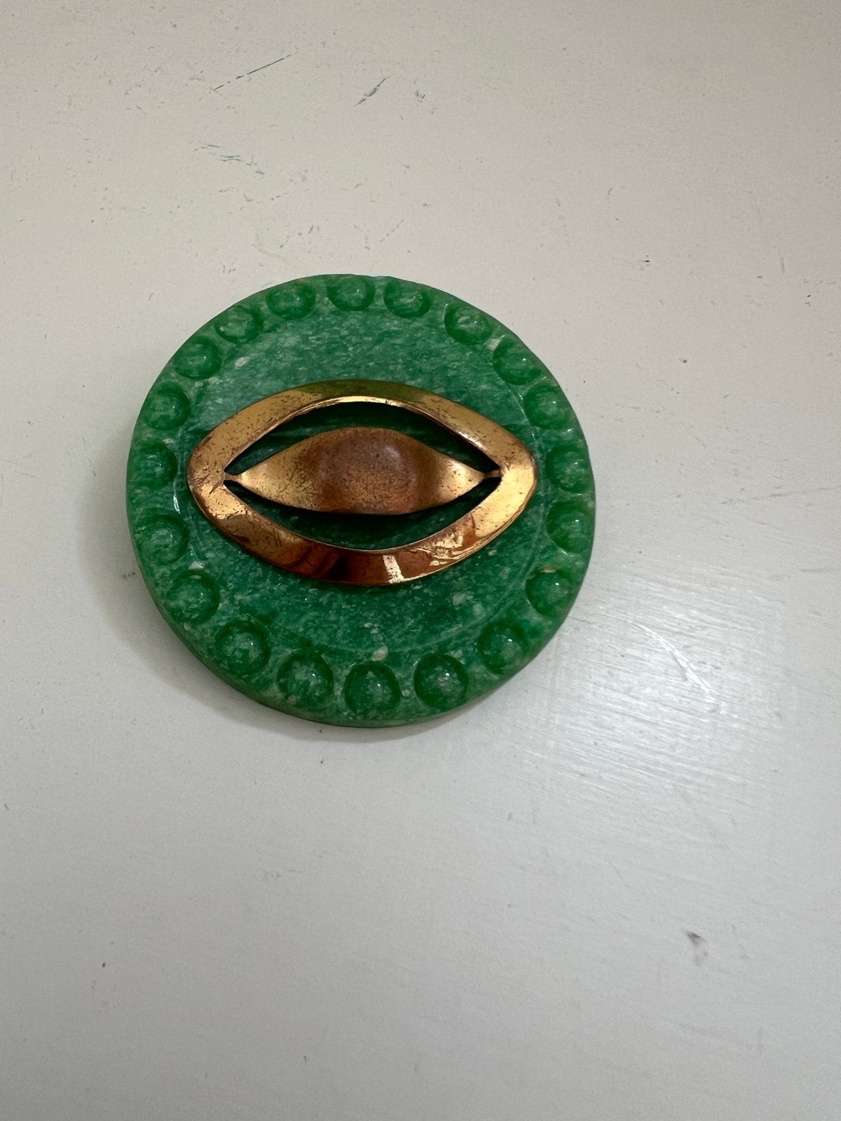 Vintage Mid-Century Broche - Groen Gemarmerd - Ø 5 cm, Overige materialen, 4 tot 7 cm, Gebruikt, Ophalen of Verzenden