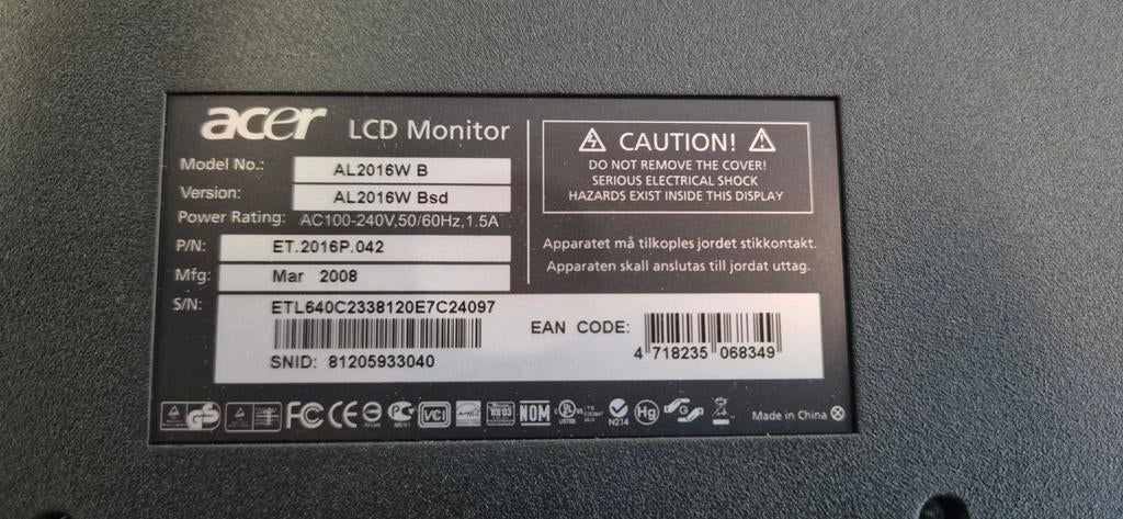 ACER LCD Monitor 20 Inch, Ophalen, Full HD, 60 Hz of minder, Overige typen