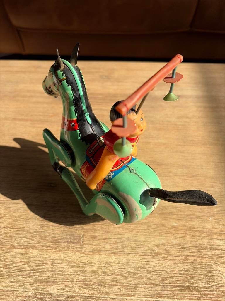 Vintage blikken opwindspeelgoed paard met ruiter, Ophalen of Verzenden