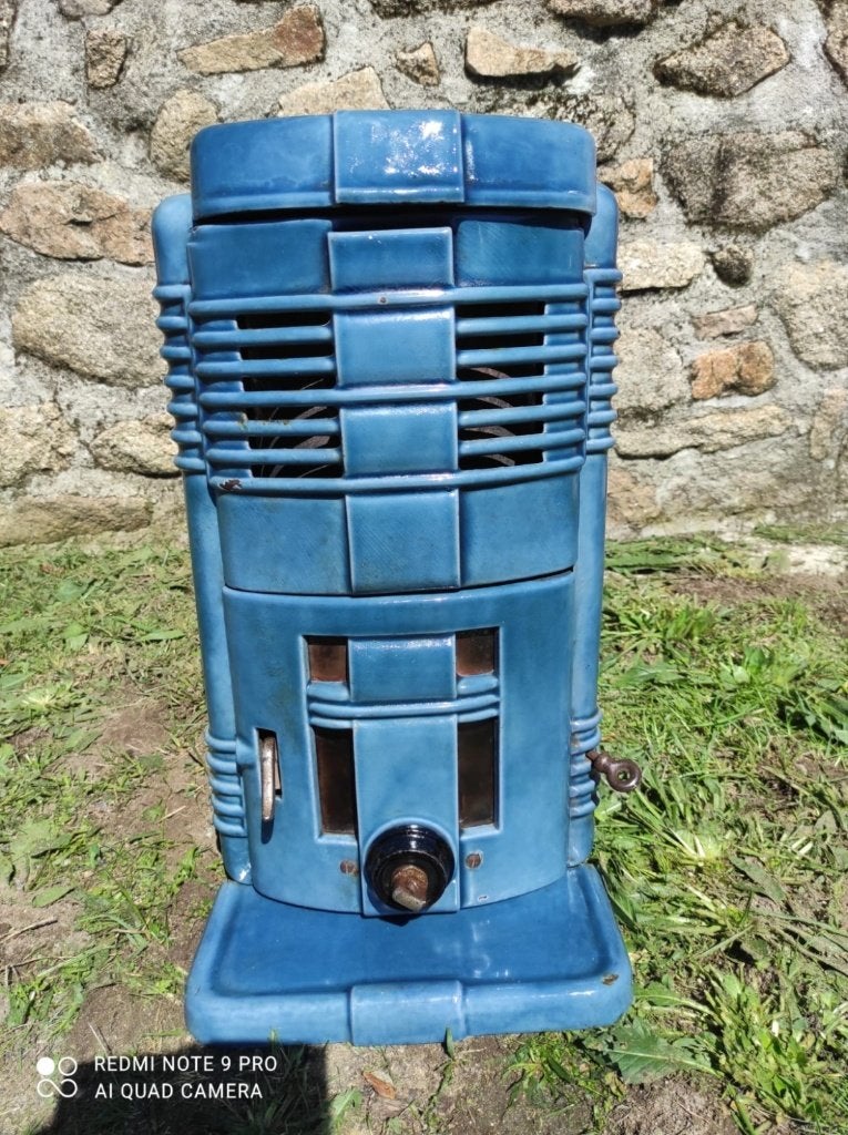 Mooie antieke blauwe emaille Deville art-deco houtkachel, Ophalen, Gebruikt, Houtkachel, Vrijstaand