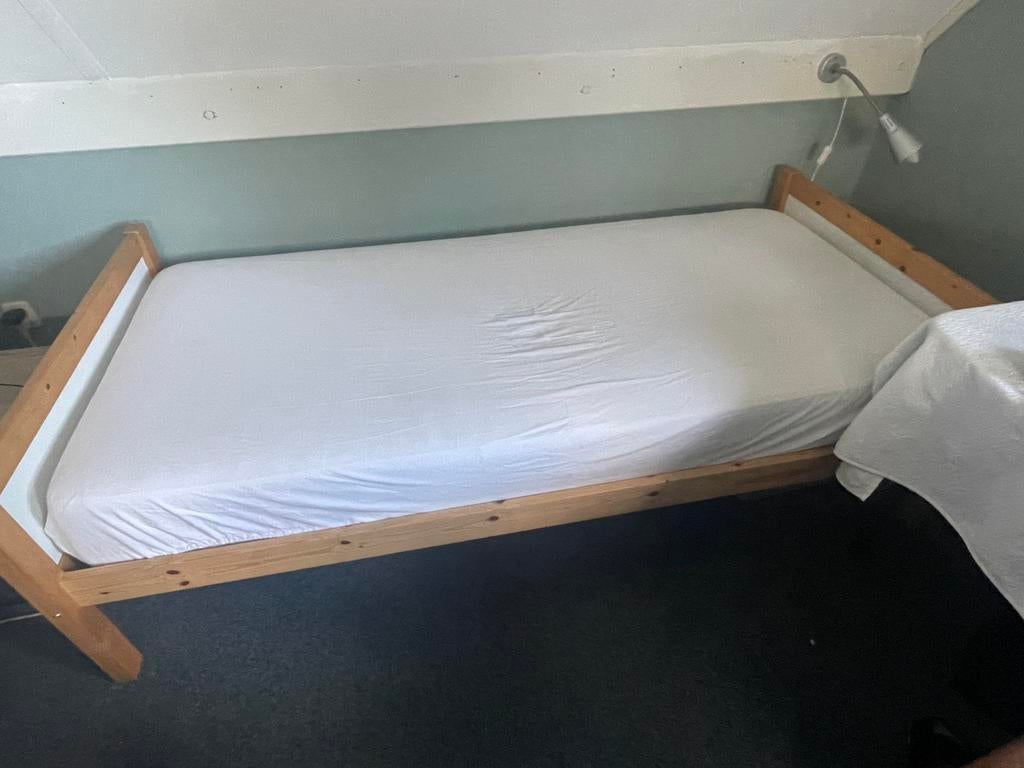 Eenpersoons bed met lattenbodem grenen met wit, Ophalen, 90 cm, Eenpersoons, Wit