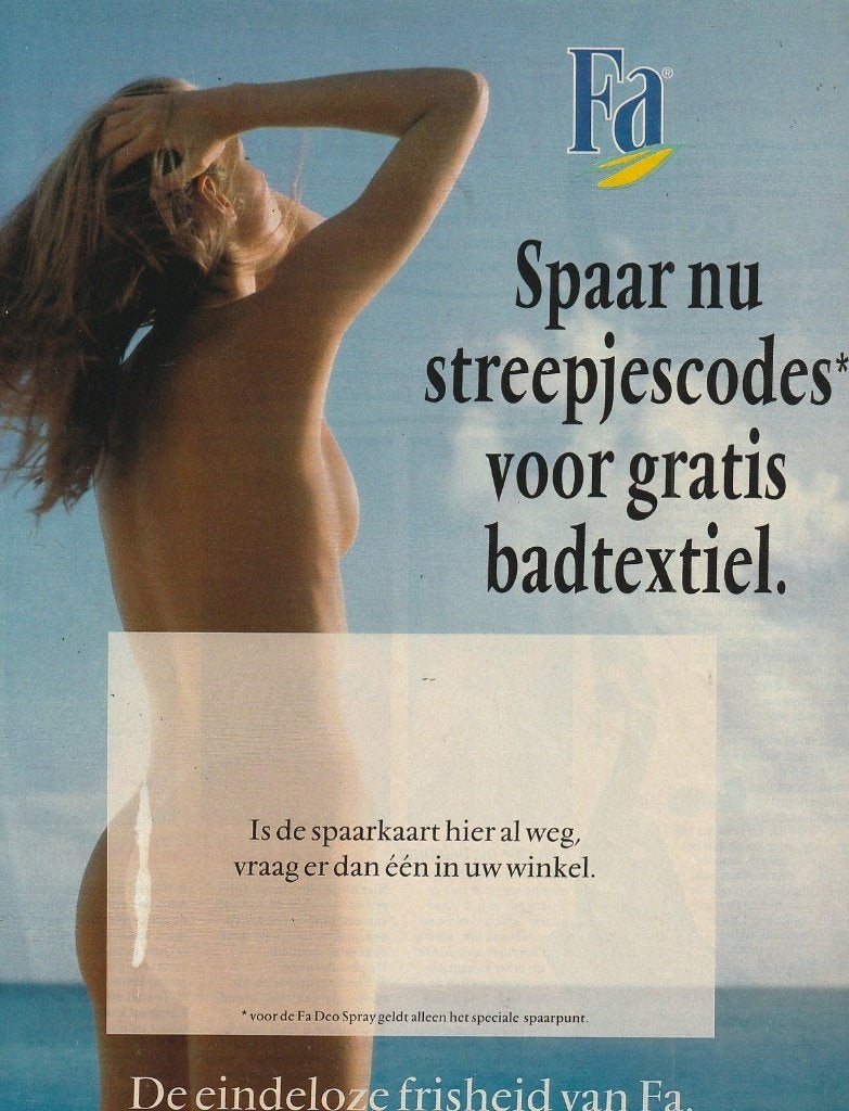 Retro reclame 1989 Fa naakte vrouw sparen badtextiel, Verzamelen, Verzenden, Overige typen