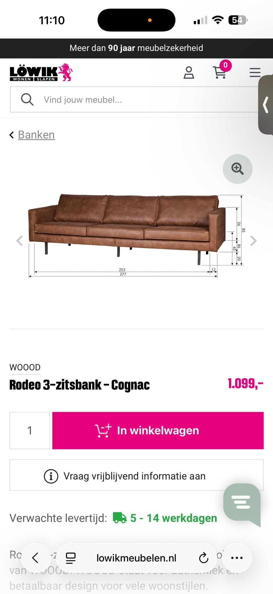 WOOOD Rodeo 3-zitsbank - Cognac, Ophalen, 250 tot 300 cm, 75 tot 100 cm, Rechte bank