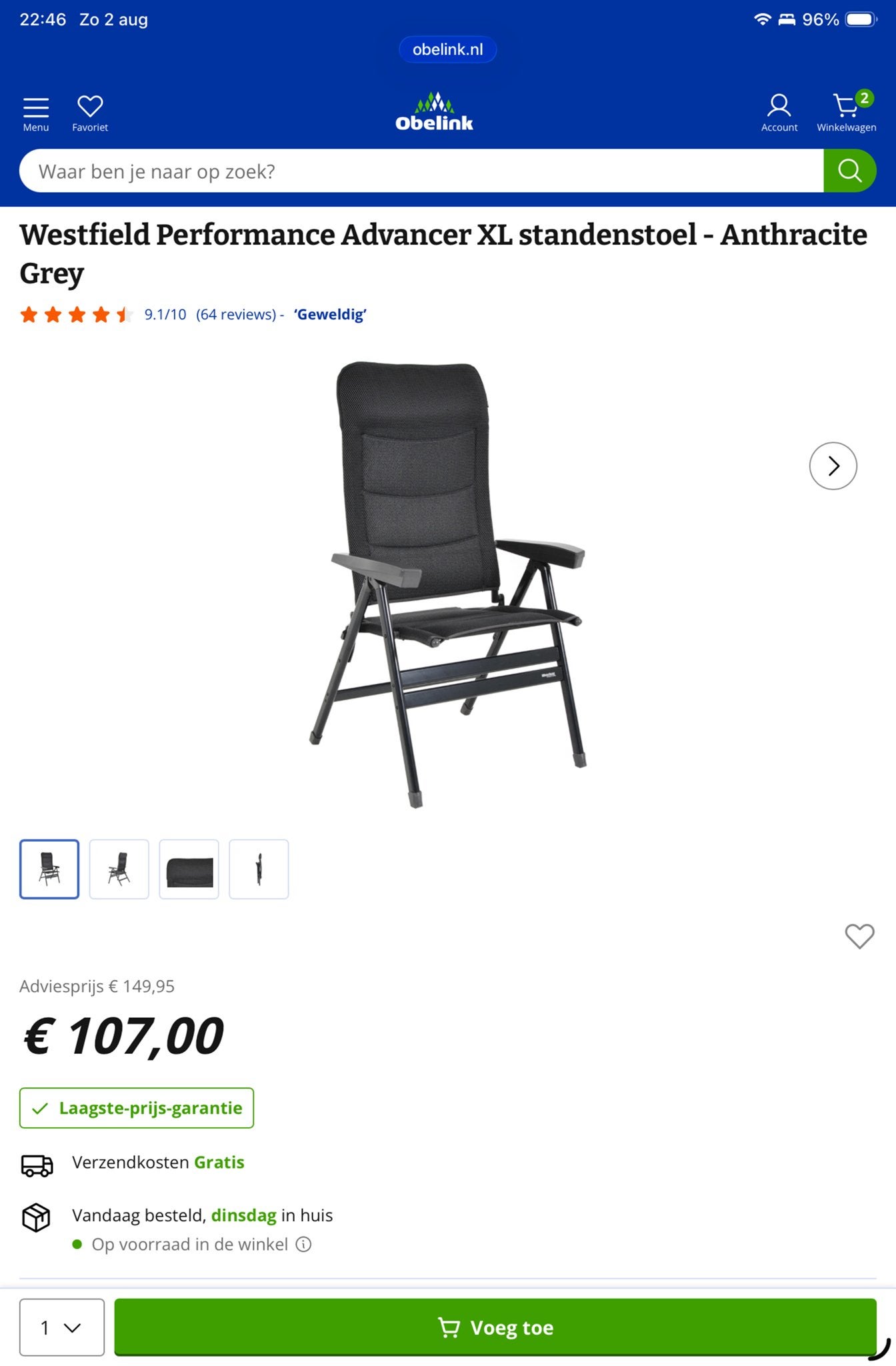 Westfield Performance Advancer XL Anthracite Grey, Ophalen, Zo goed als nieuw, Campingstoel