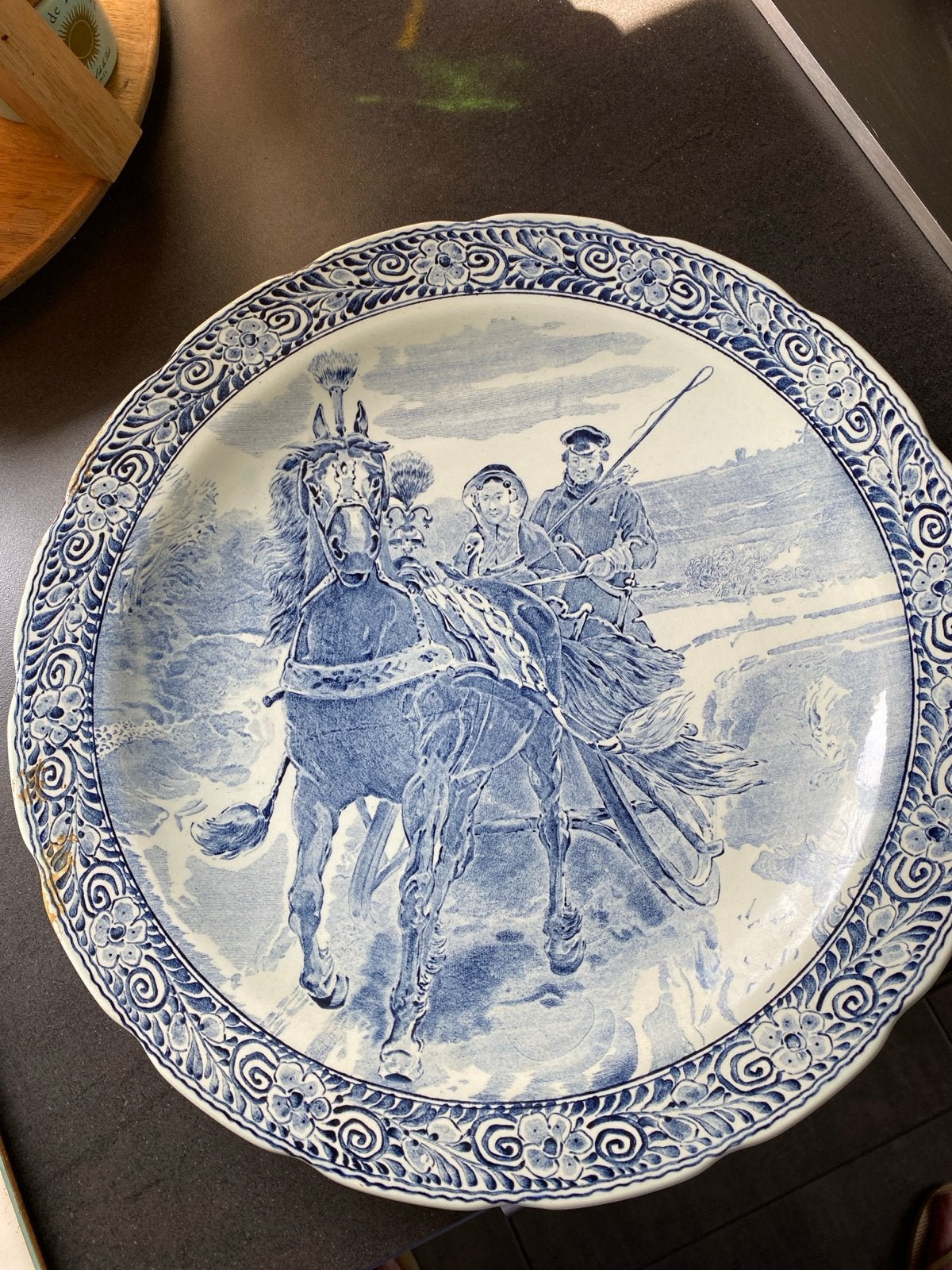 Antiek Delfts Blauw Wandbord - Paard en Wagen, Ophalen