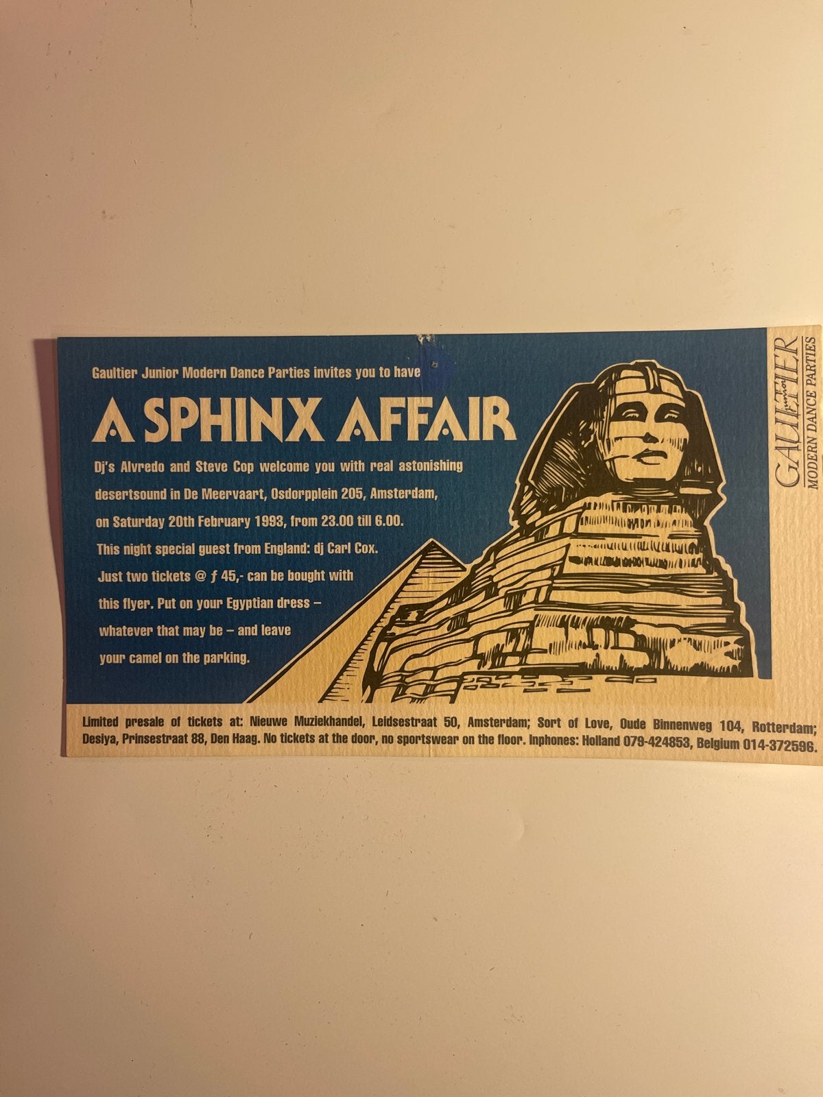 vintage flyer Gaultier A Sphinx Affair 1993, Verzenden
