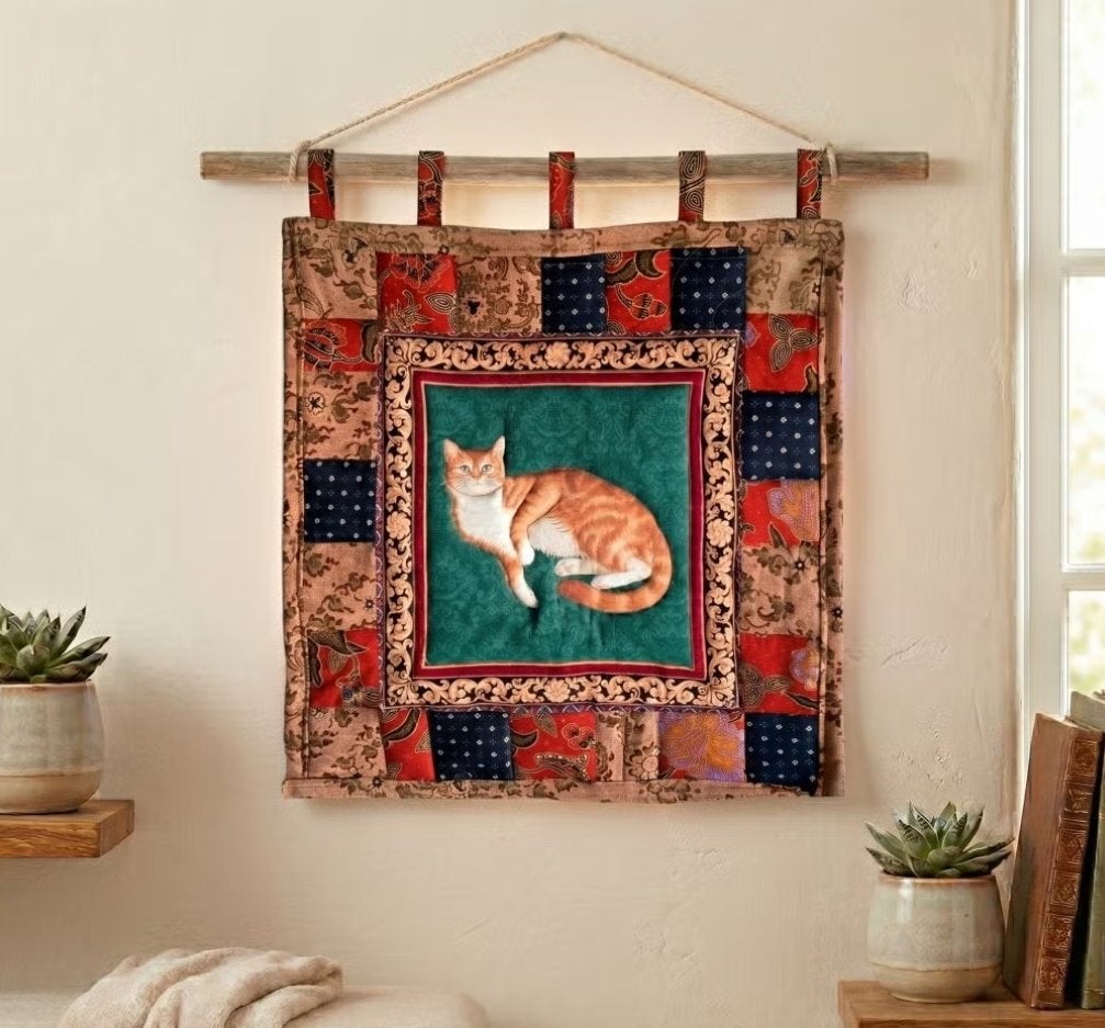 Handgemaakt wandkleed patchwork met rood witte kat 2709, -, Handgemaakt, Meerkleurig, Textiel