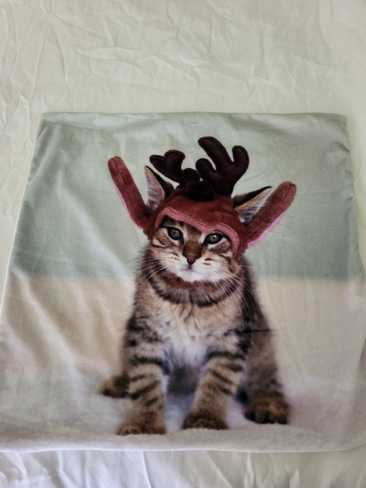 Kussenhoes met schattige kat in rendierpakje, Huis en Inrichting, Overige merken, Meerkleurig, Met print, Ophalen of Verzenden
