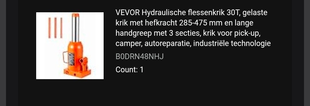 VEVOR Hydraulische Flessenkrik 30T - Hefkracht 285-475 mm, Ophalen of Verzenden, Hydraulisch, Garagekrik