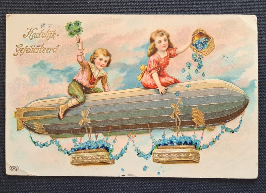 Oude ansichtkaart: Kinderen op Zappelin - aug 1912, Verzenden, Voor 1920, Gelopen, Voertuig