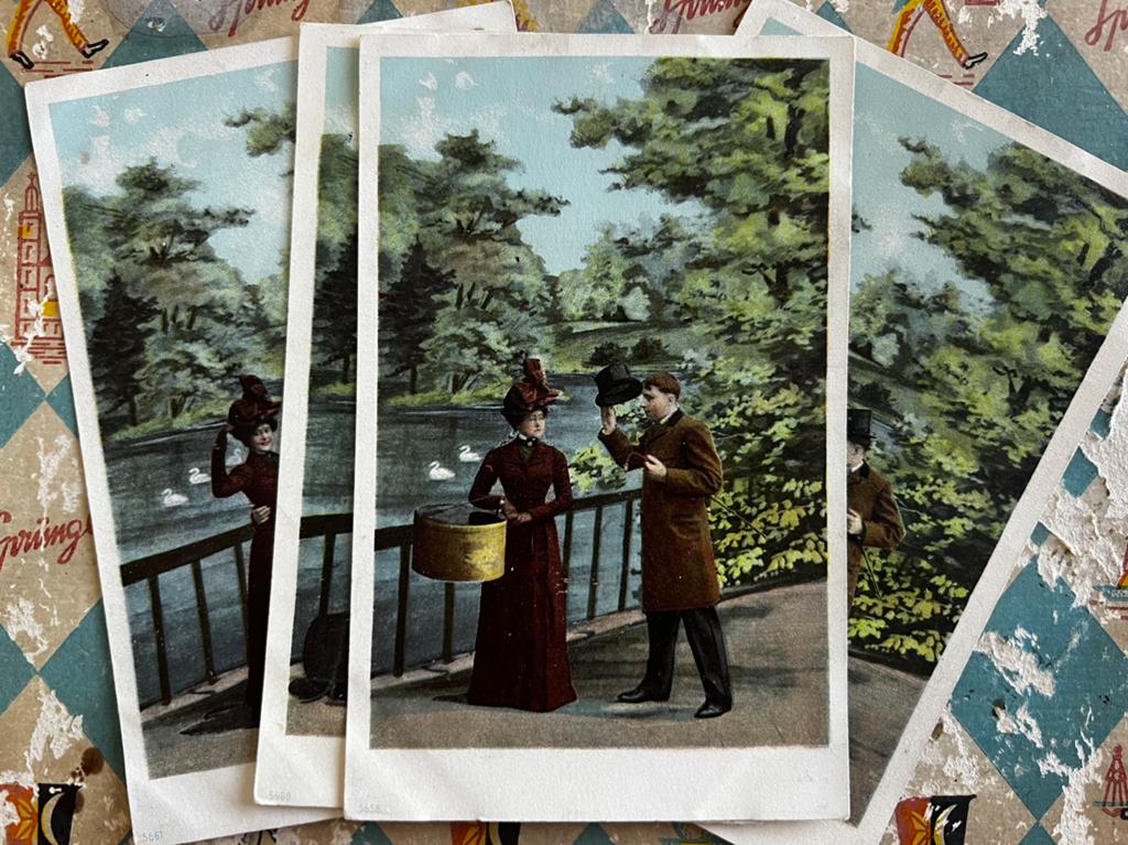 4x Romantiek - ontmoeting bij de vijver (S), Verzamelen, Ophalen of Verzenden, Voor 1920, Gelopen, Overige thema's