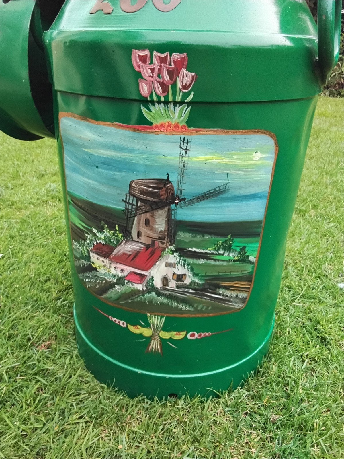 melkbus met deksel, groen met handgeschilderd landschap, Ophalen