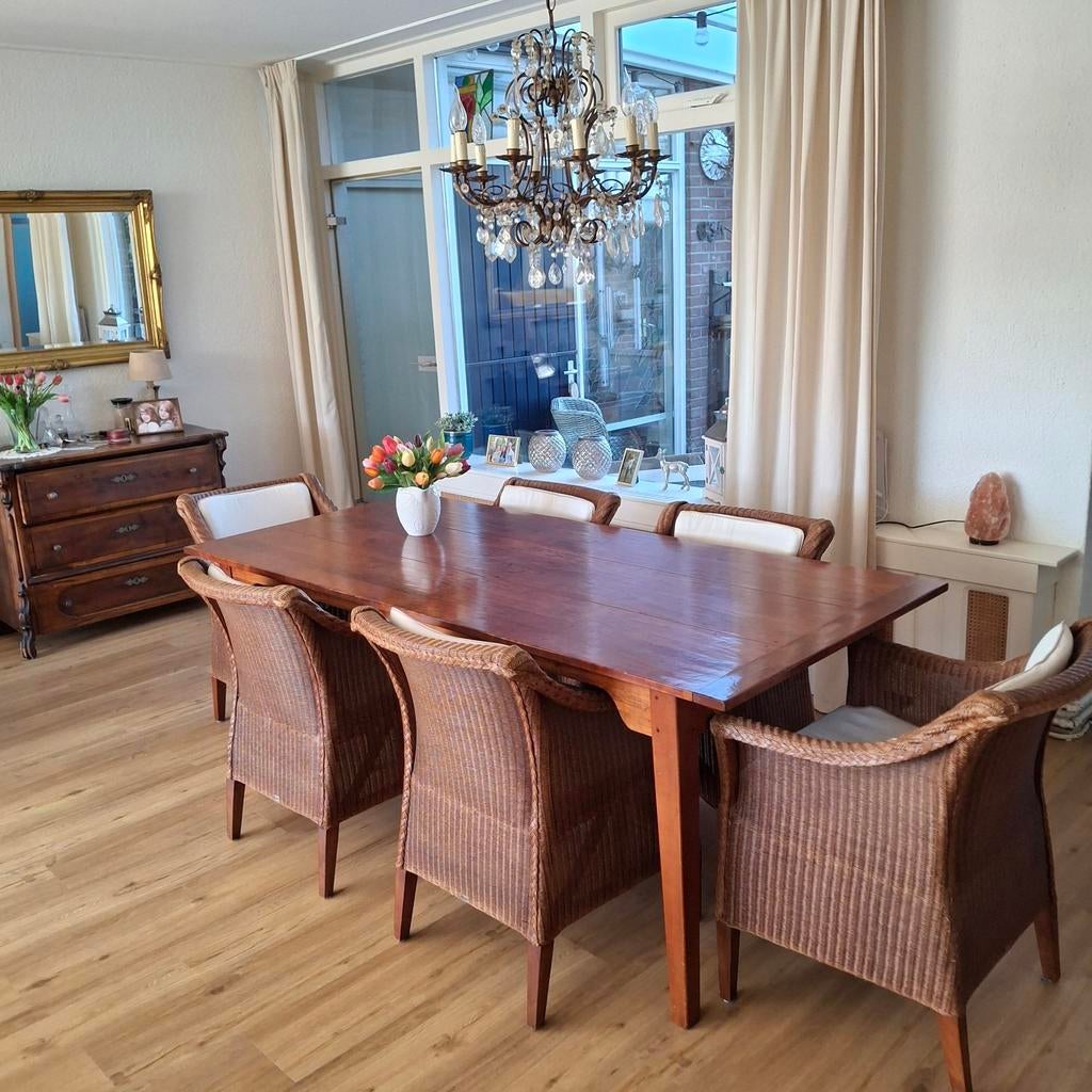 Massief kersenhouten eettafel en 6 Jan des Bouvrie stoelen, Ophalen, Gebruikt, 4 tot 6 stoelen