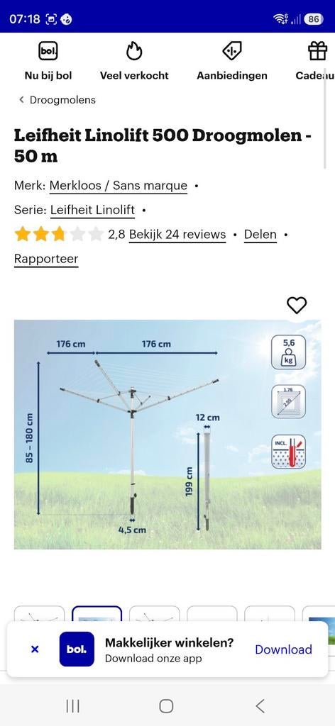 Leifheit Linolift 500 Droogmolen - 50 m drooglengte, Ophalen of Verzenden, Nieuw, Droogmolen
