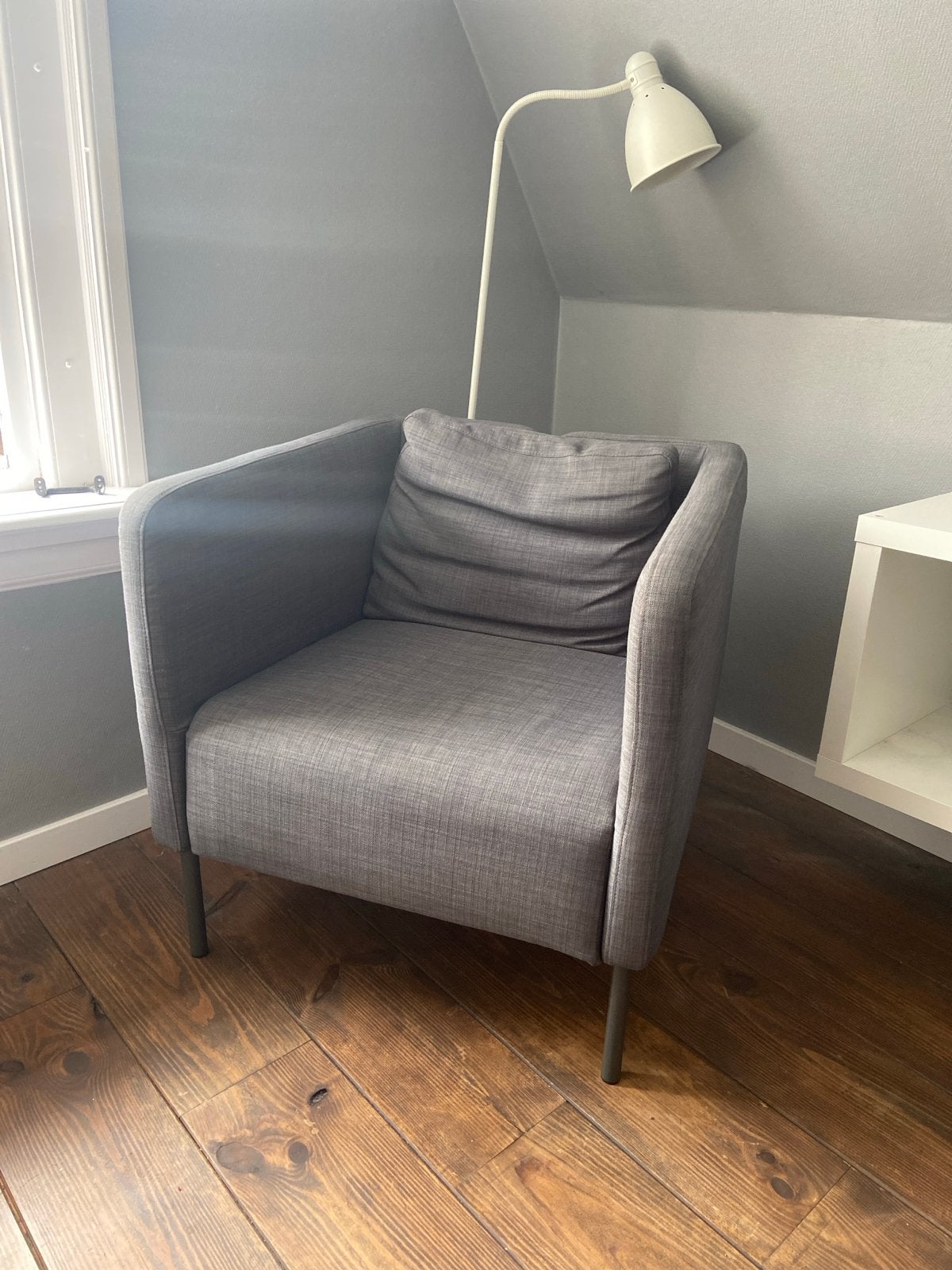 Grijze fauteuil met stoffen bekleding, Huis en Inrichting, Fauteuils, Ophalen, 75 tot 100 cm, Zo goed als nieuw, Stof