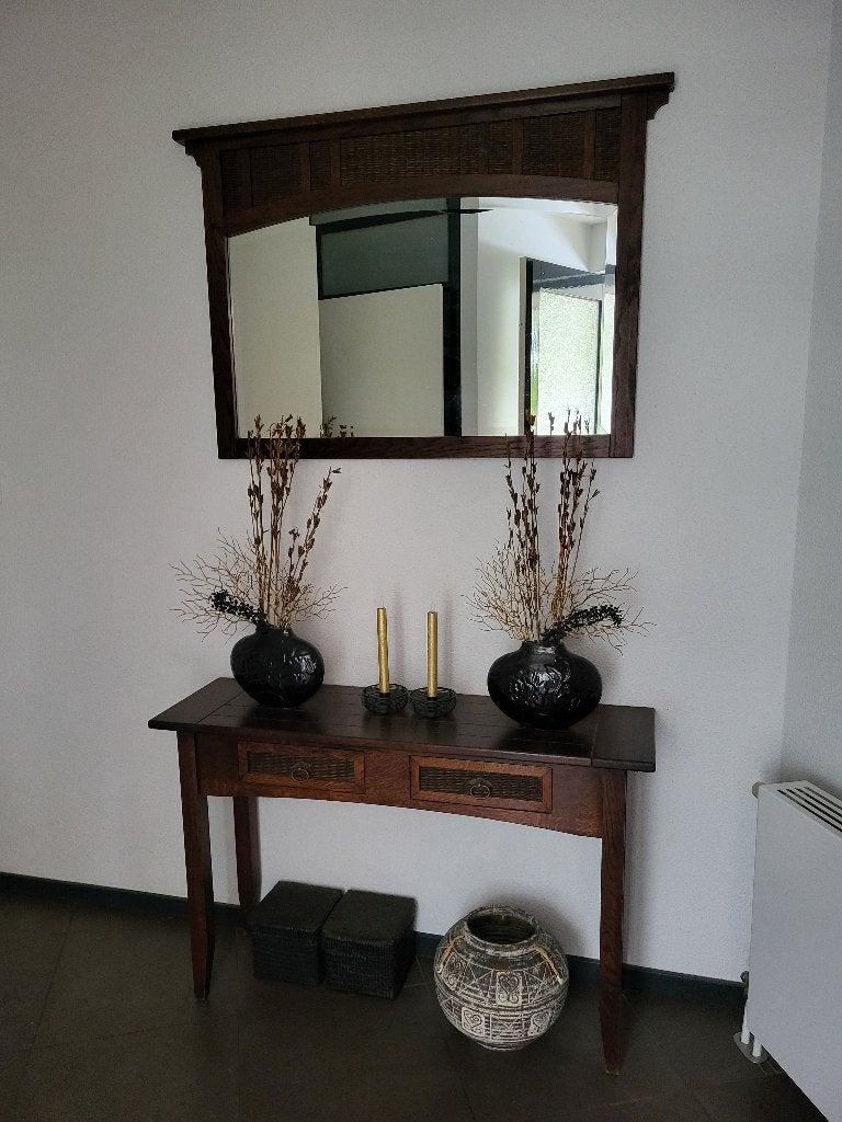 Sidetable / haltafel + spiegel, Huis en Inrichting, Tafels | Sidetables, Ophalen, 100 tot 150 cm, Koloniaal, Eikenhout