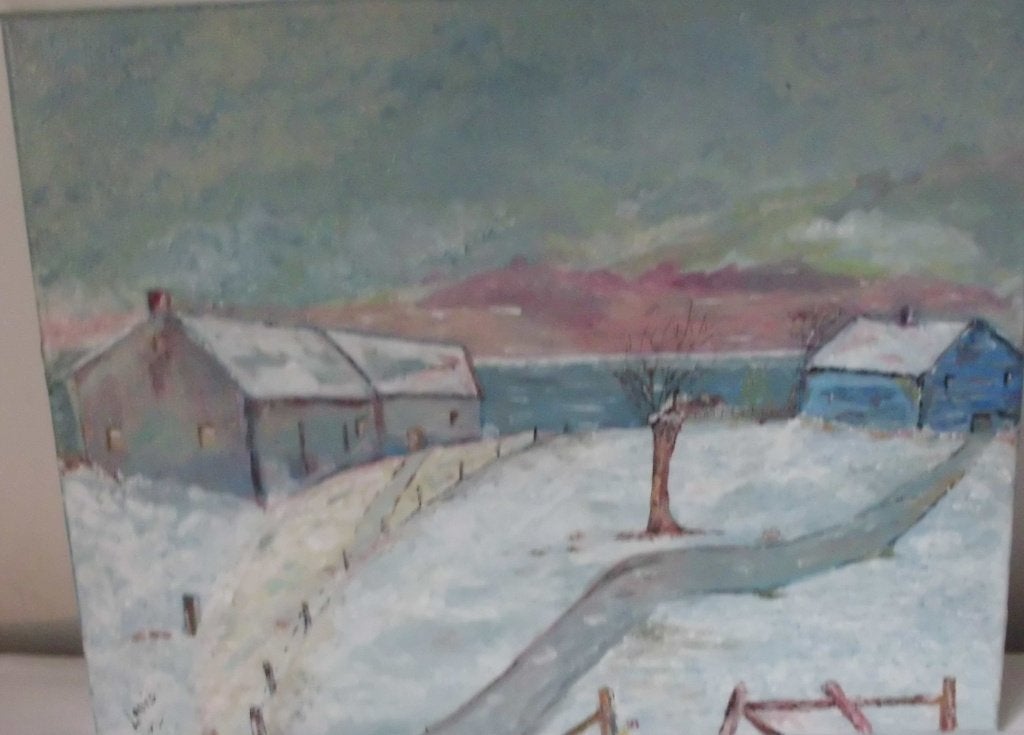 Sneeuw gezicht , acrylverf boerderij in de sneeuw ., Antiek en Kunst, Acrylverf, Doek, Impressionistisch, Ophalen of Verzenden