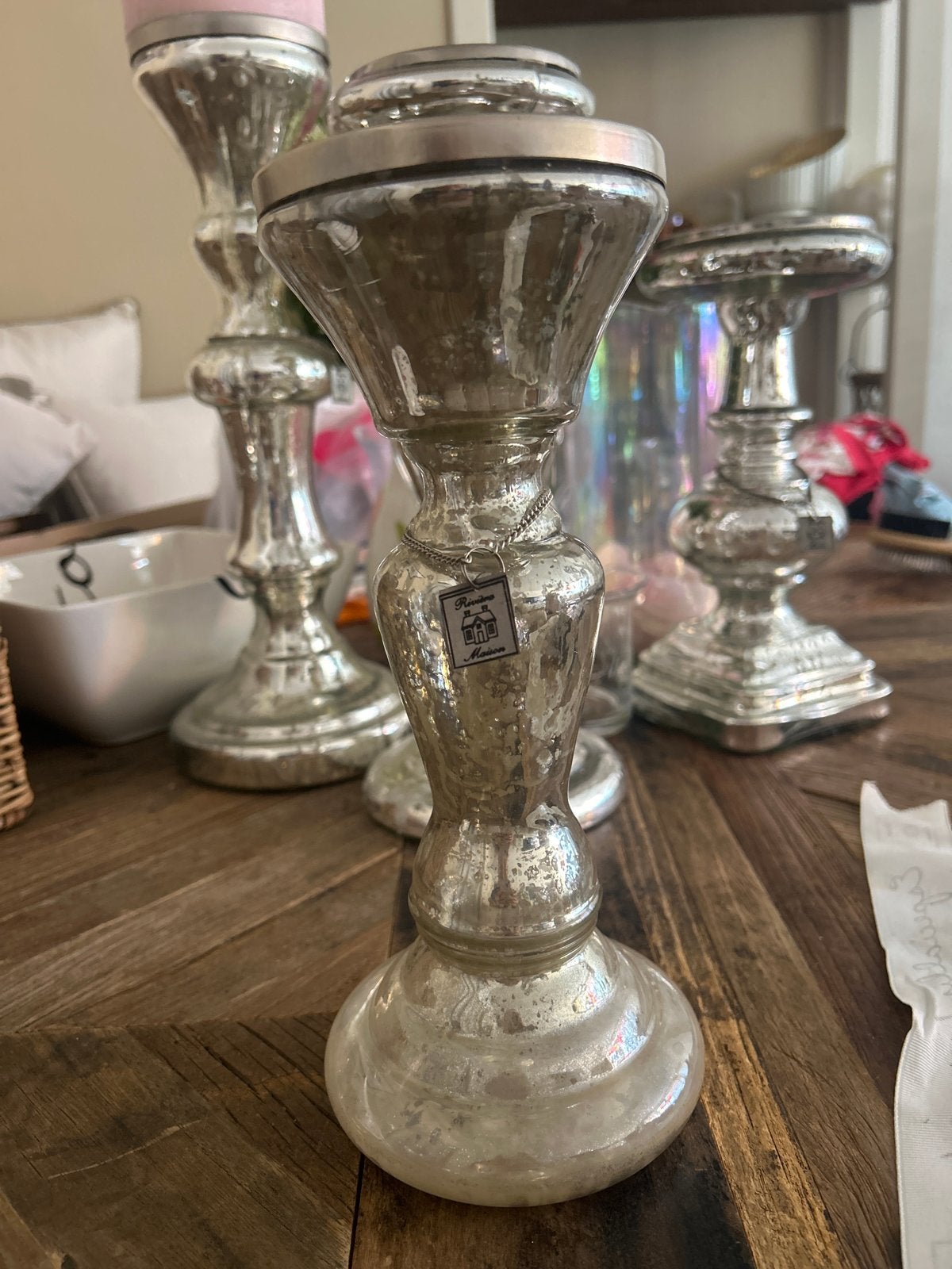 Riviera Maison kandelaar/stolp 26 cm - Zilver gebladderd, Gebruikt, Rivièra Maison, Ophalen of Verzenden, Glas