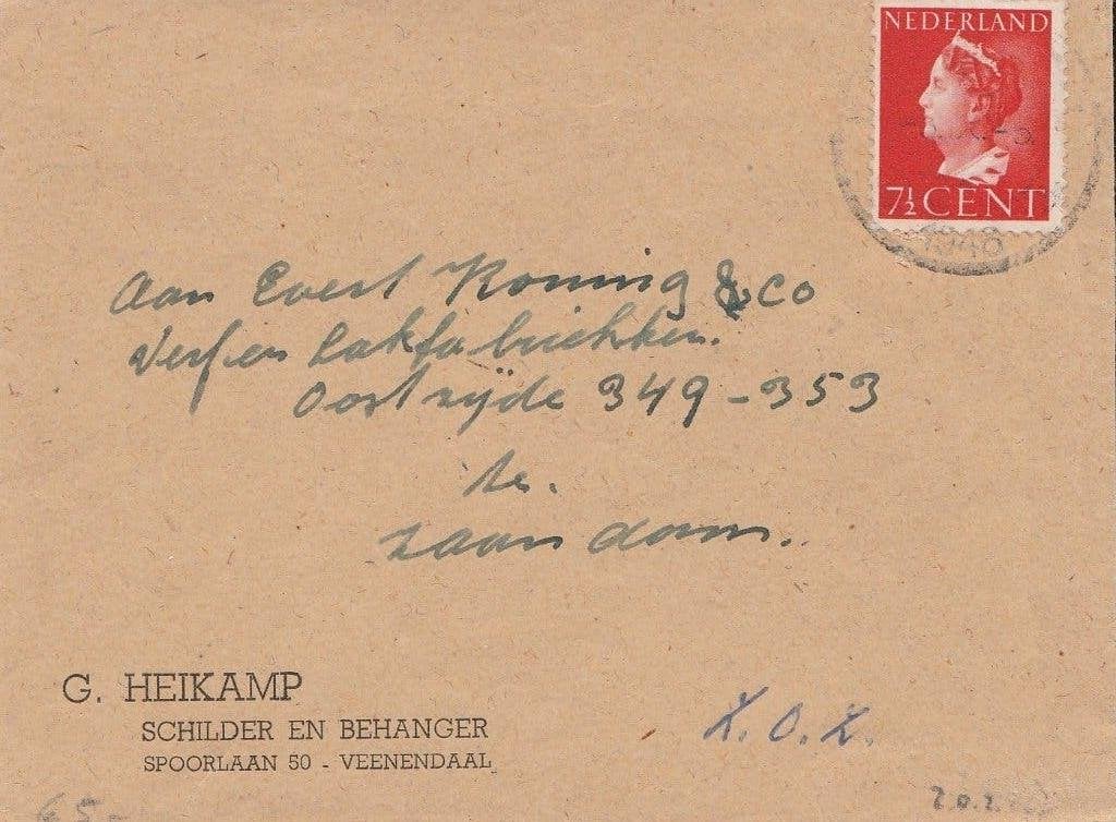 VEENENDAAL 1948 G. HEIKAMP Schilder en Behanger Spoorlaan 50, Ophalen of Verzenden, 1940 tot 1960, Gelopen, Utrecht
