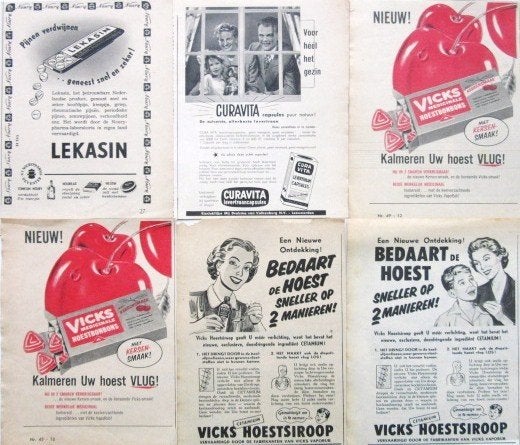 70+ vintage reclames van keel en drogist producten 1939-96, Ophalen of Verzenden, Gebruikt