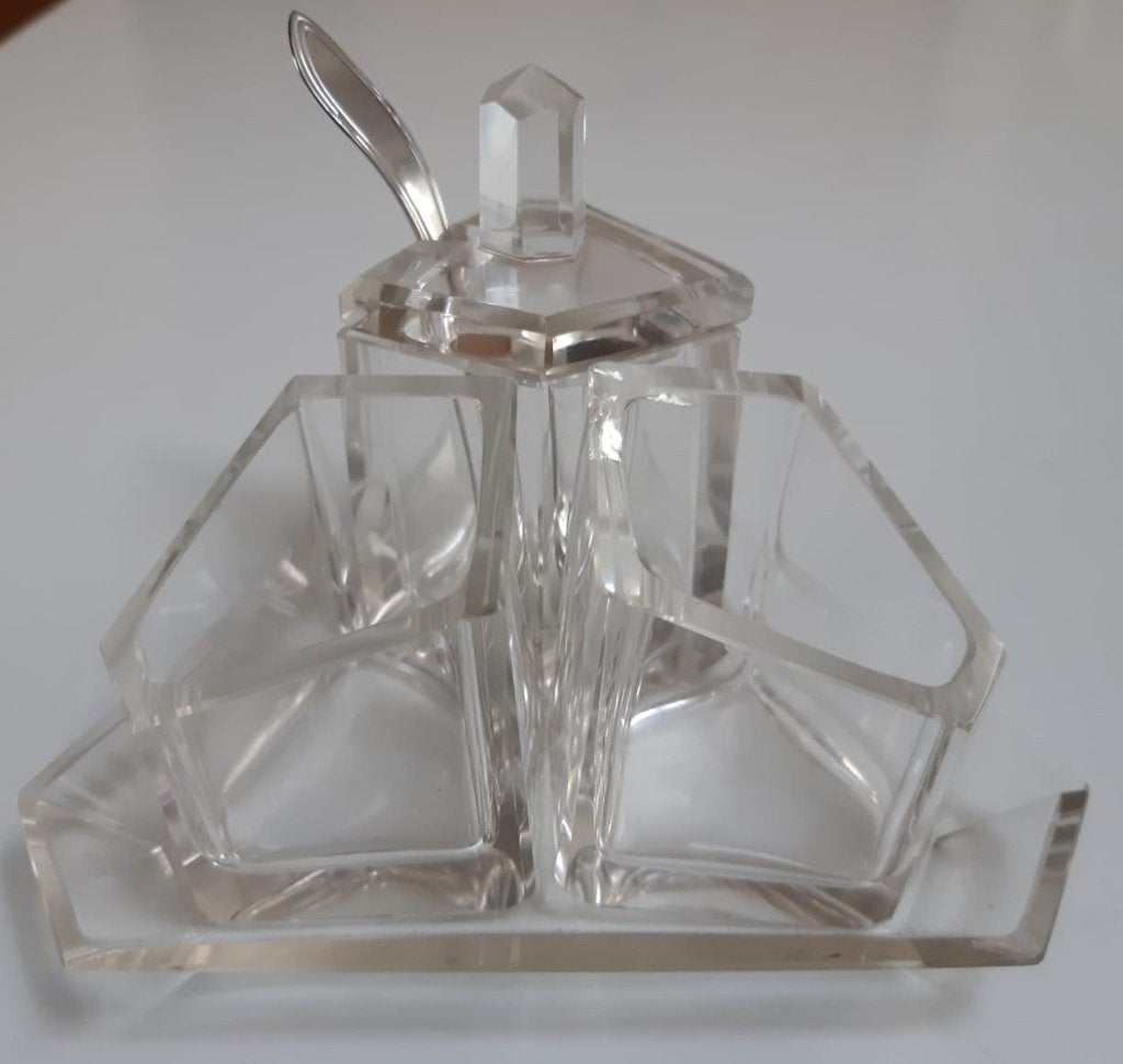 Kristallen art deco mosterd-setje met zilveren lepeltje, Ophalen of Verzenden