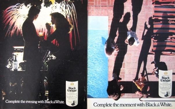 3 oude advertenties reclames Black & White whisky 1981 drank, Ophalen of Verzenden, Gebruikt, Overige typen