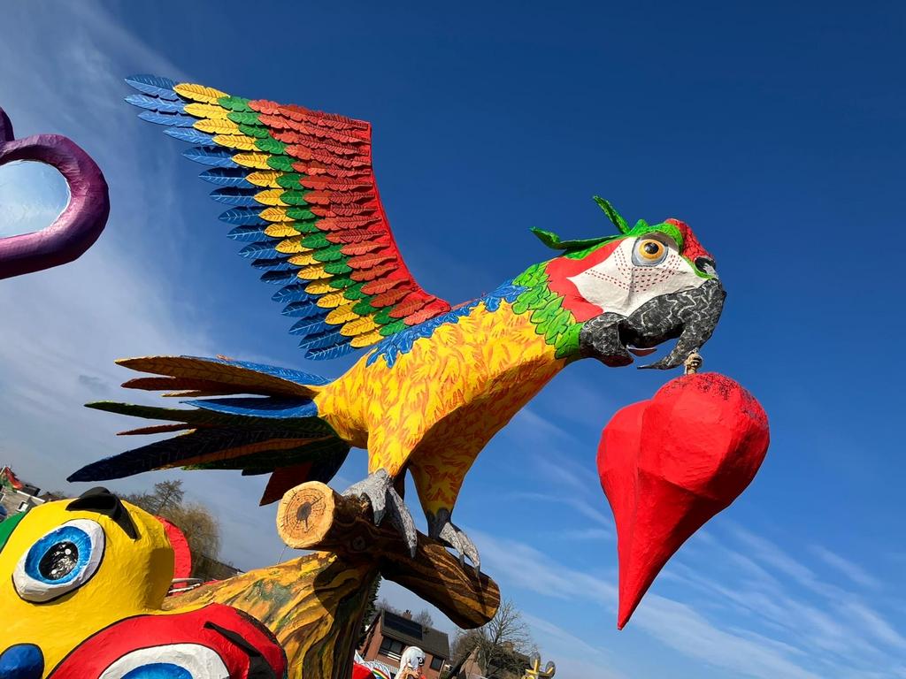 Carnavalswagen figuur: Papegaai met hart, Ophalen, Gebruikt, Versiering, Carnaval