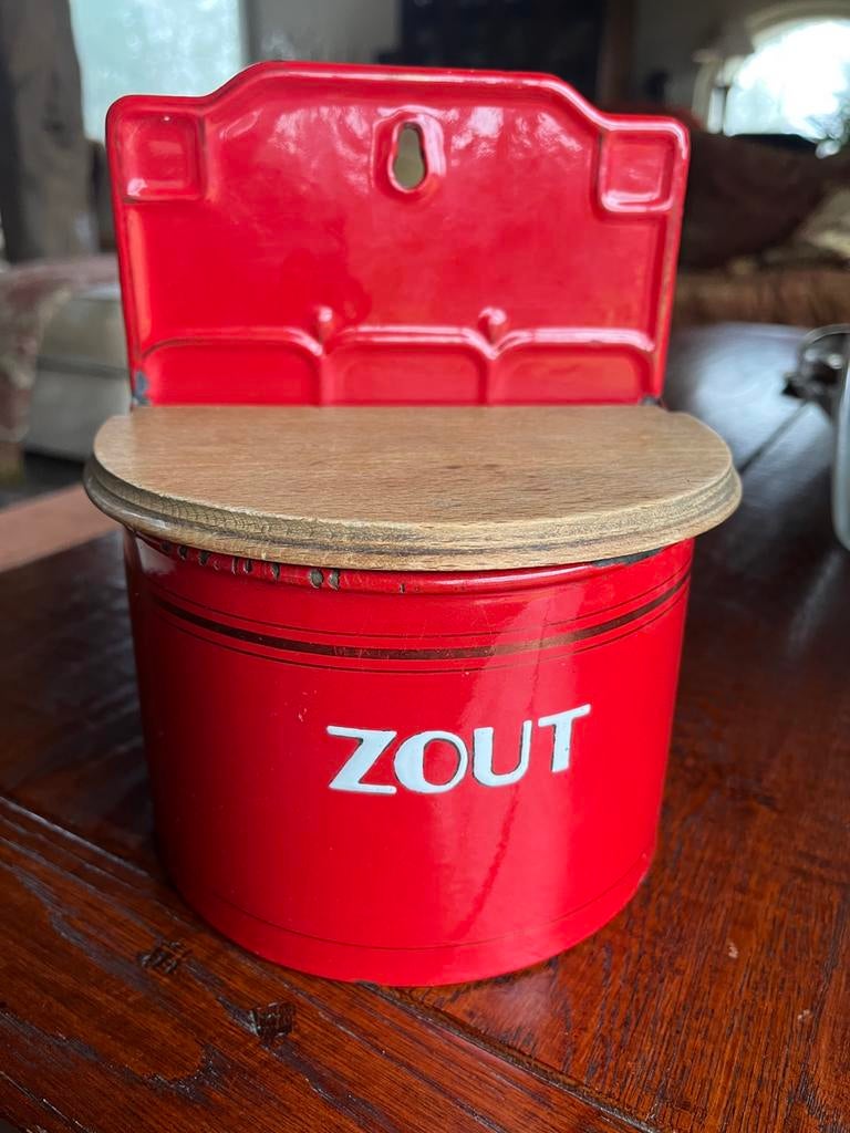 Rood emaille antieke zoutpot met deksel en gouden bies, Ophalen of Verzenden