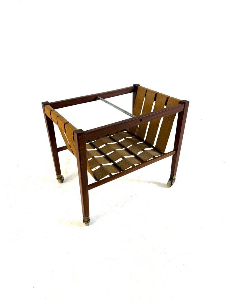 Vintage Deense teakhout & jute lectuurmand ‘60, Minder dan 55 cm, Vintage retro buisframe design rotan webbing papercord deens