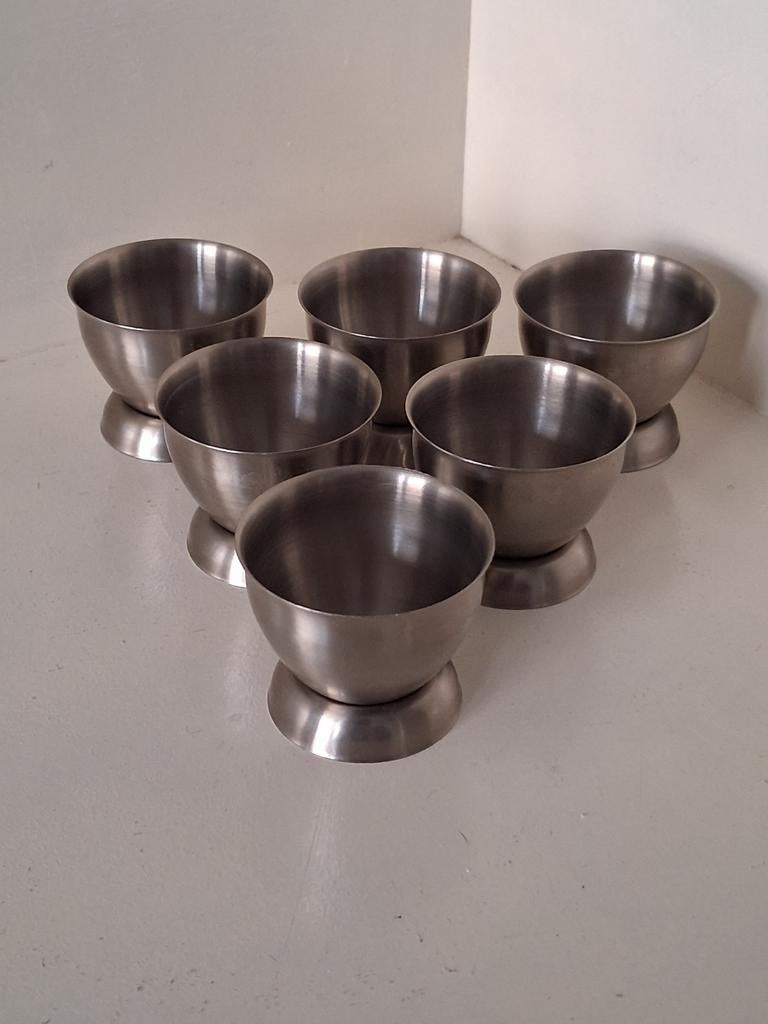 Set van 6 Vintage RVS Eierdopjes – Mid-Century Modern –, Antiek en Kunst, Antiek | Servies compleet, Ophalen of Verzenden