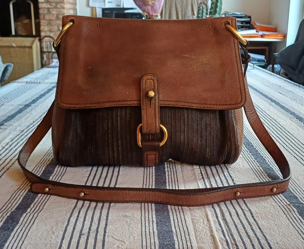 +Bruine Delvaux fichu toile de cuir crossbody tas, Gebruikt, Bruin, Leer, Ophalen