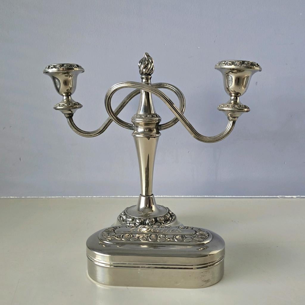 Verzilverde kandelaar en lepeldoos, Antiek en Kunst, Ophalen of Verzenden