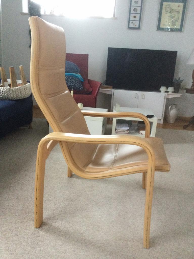 Vintage Yngve Ekstrom Lamino stoel, Huis en Inrichting, Fauteuils, Gebruikt, Hout, Leer, 50 tot 75 cm, 75 tot 100 cm, Ophalen