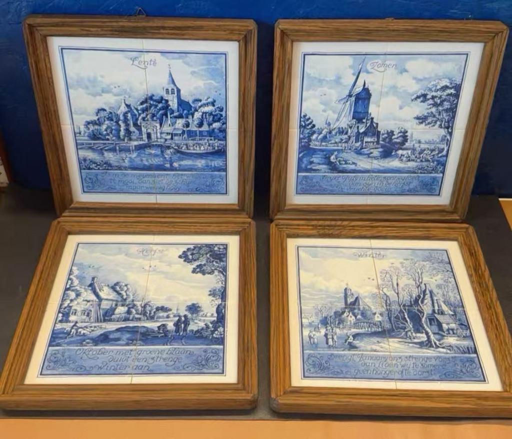 Delfts Blauw Tegels Seizoenen in Houten Lijst (4 stuks), Ophalen of Verzenden