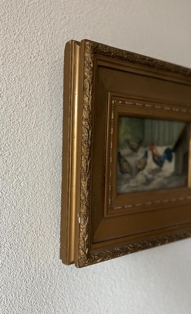 Schilderij haan met kippen op paneel., Ophalen of Verzenden