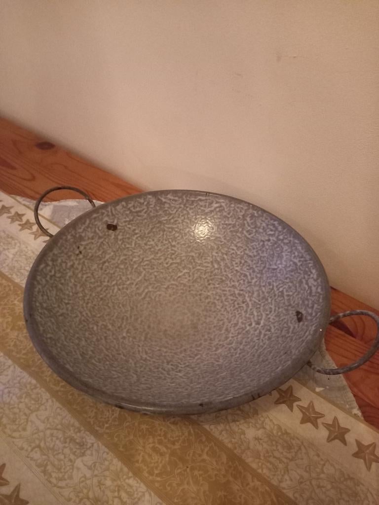 Emaille wok/fruitschaal/grijs gewolkt/grootmoeders tijd, Ophalen of Verzenden