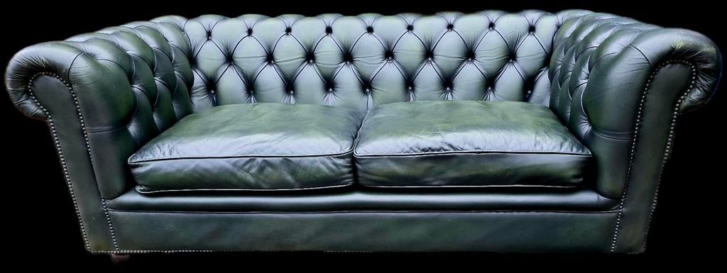 Chesterfield 2.5 zit bank groen leer + Gratis bezorging!, Gebruikt, 150 tot 200 cm, Tweepersoons, Ophalen of Verzenden