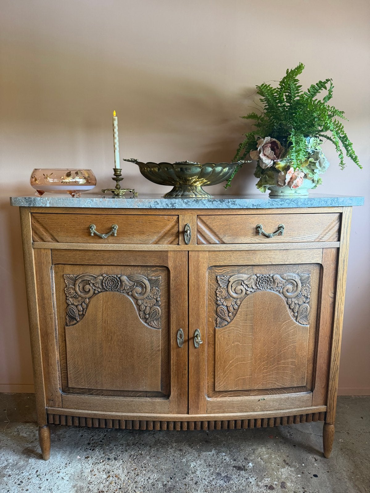 Vintage houten commode met marmeren blad en houtsnijwerk, Ophalen, Gebruikt