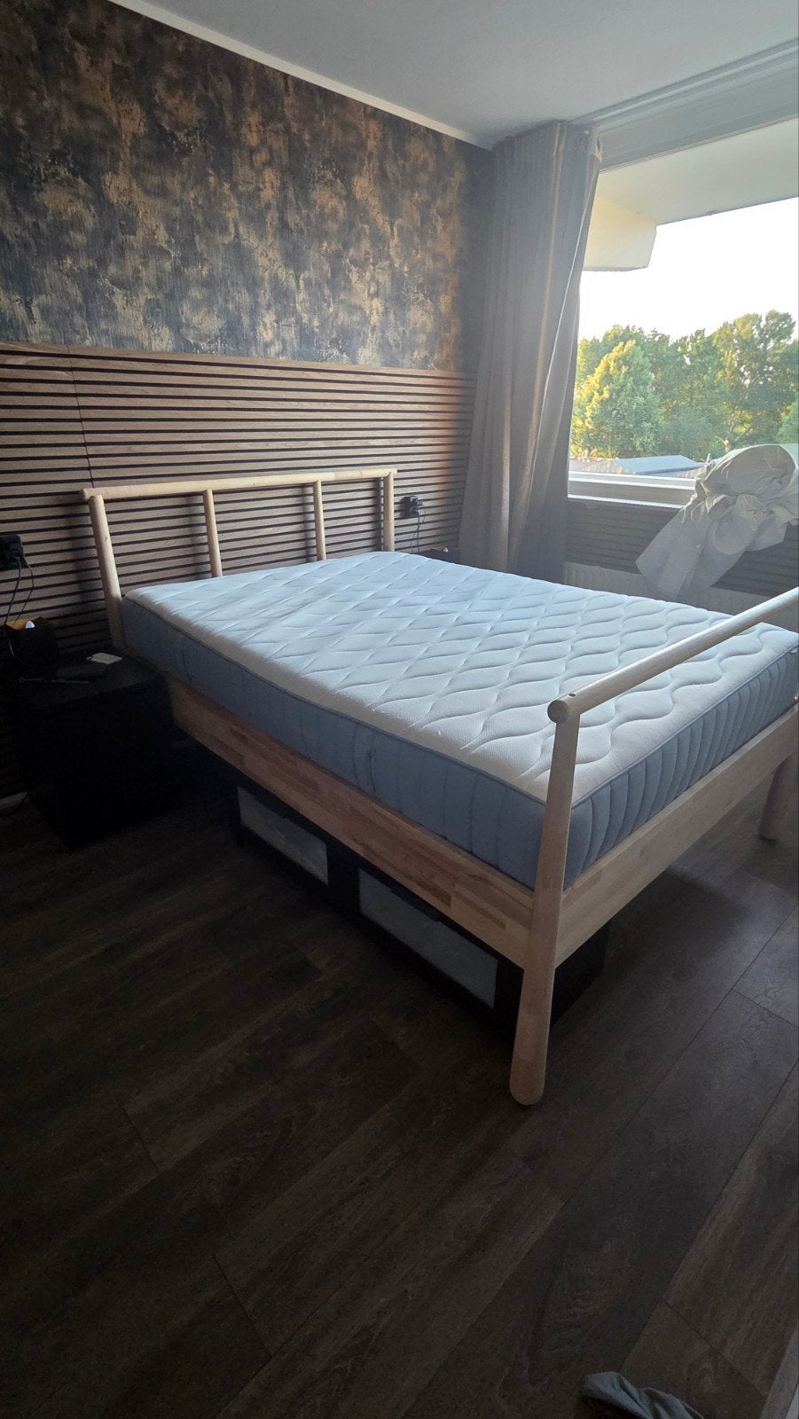 Ikea VÅGSTRANDA matras en GJÖRA bedframe 140x200 cm, Ophalen, Gebruikt, Blauw, Tweepersoons