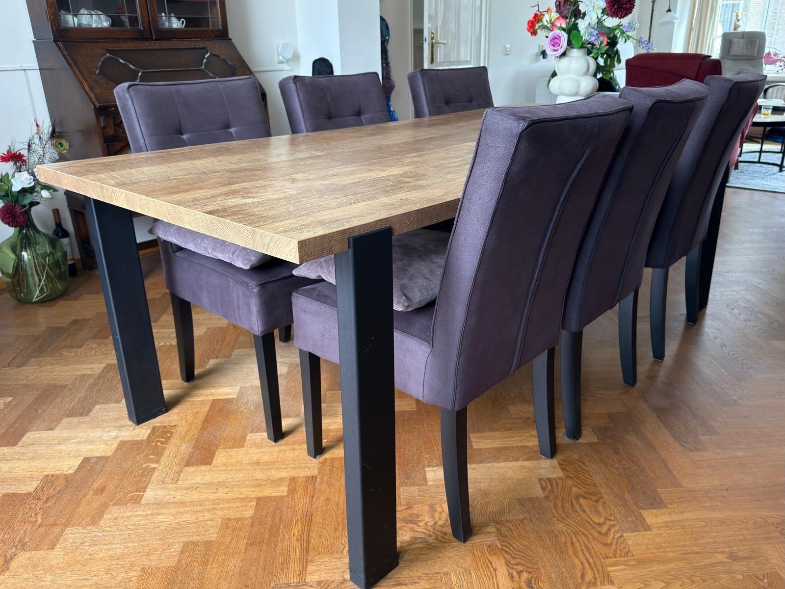 6 Eetkamerstoelen als nieuw, microleer aubergine, Ophalen, Overige kleuren, Leer, Zo goed als nieuw