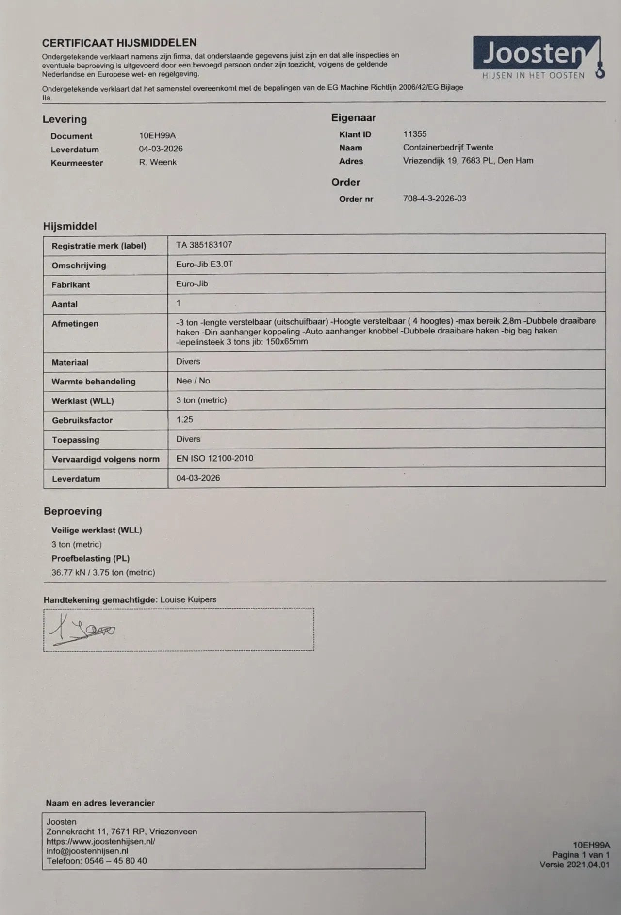 Hefmast HijsJib 3 ton NEDERLANDS hijscertificaat !