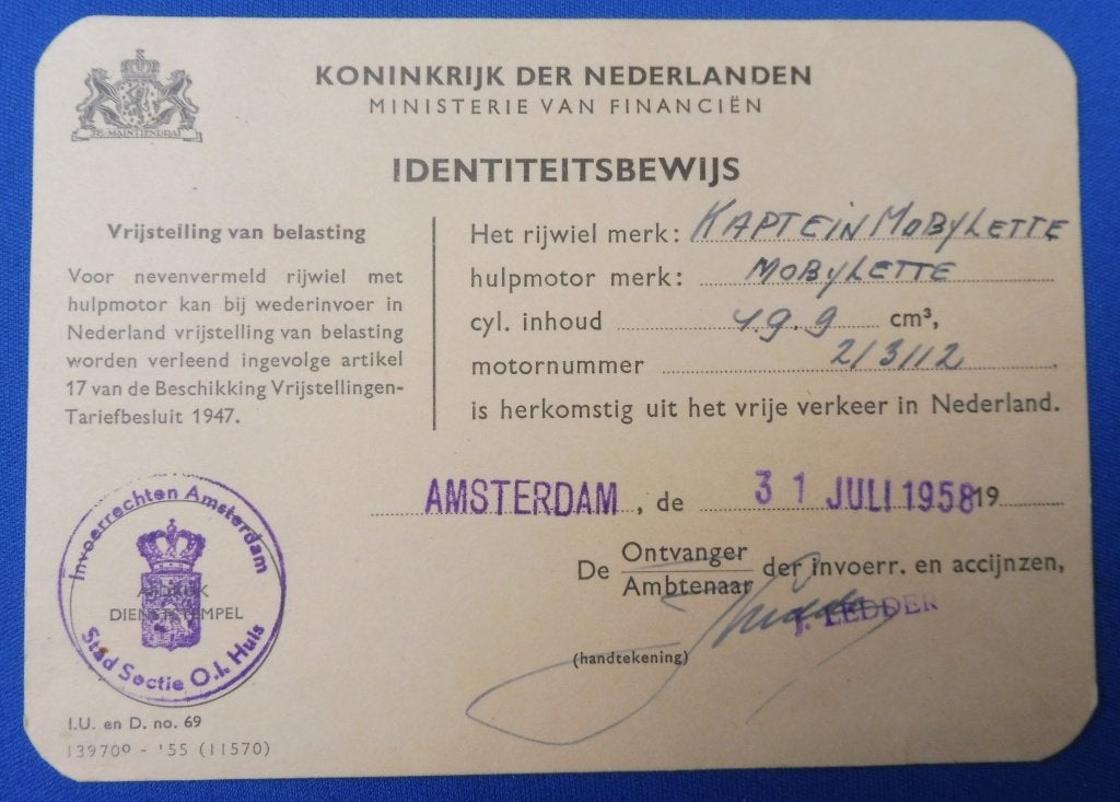 Origineel Kaptein Mobylette brommerbewijs uit 1959!, Verzenden, Gebruikt