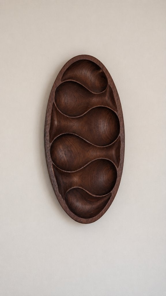 Vintage houten wandsculptuur teak schaal, Mid Century Modern, Verzenden, Wanddecoratie, 20 - 50 cm, Bruin