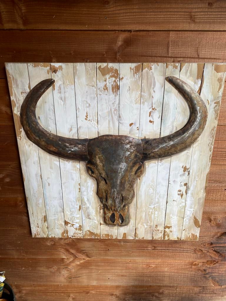 Stoer schilderij met buffelschedel - 80x80 cm, Ophalen