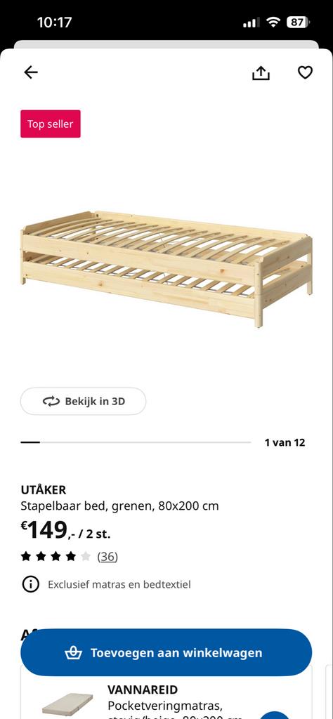IKEA UTÅKER Stapelbed, grenen, 80x200 cm, Huis en Inrichting, Slaapkamer | Bedden, Ophalen, Gebruikt, 80 cm, 200 cm